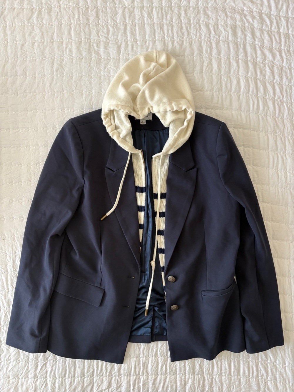 Evereve Navy Blazer with Cream Hooded Knit Insert